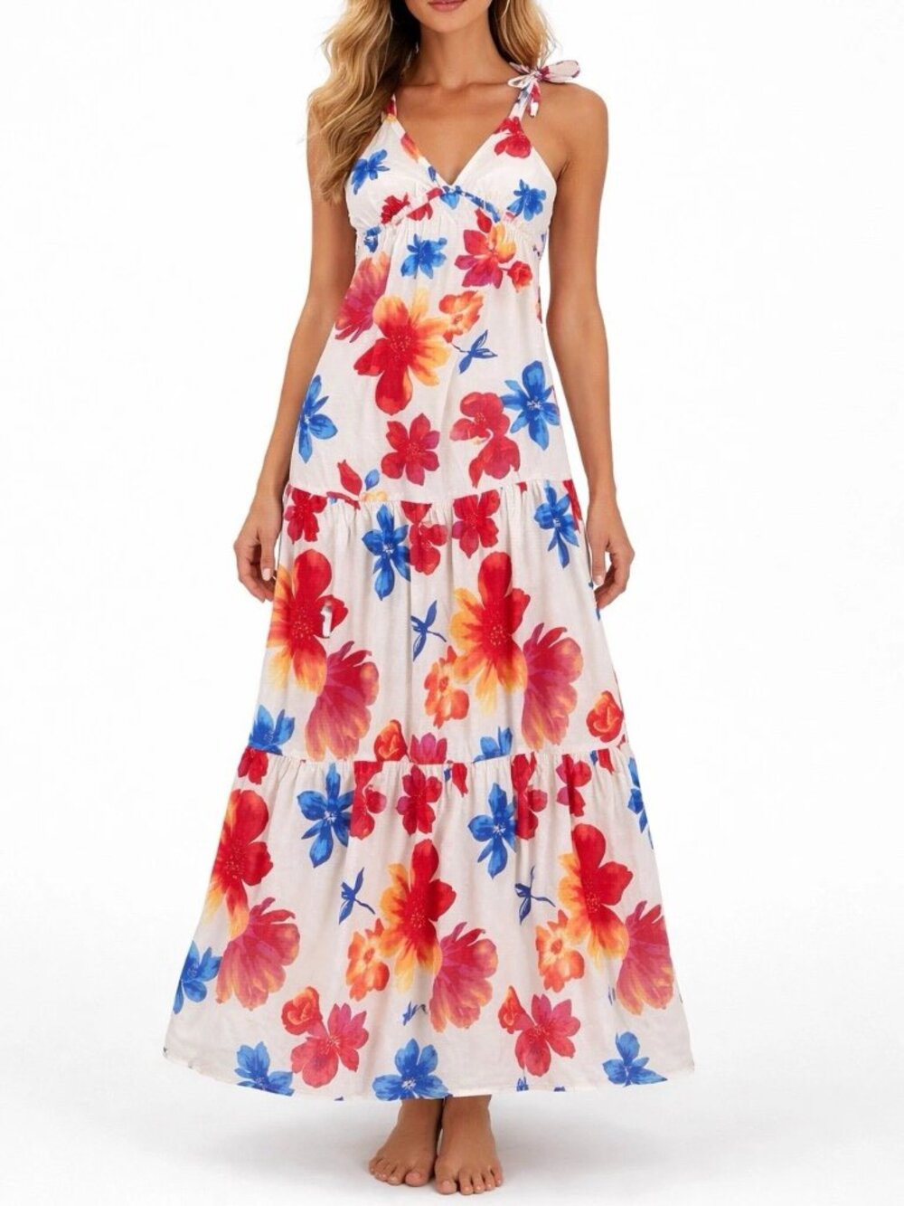Lace-trimmed maxi dress is suitable for beach vacation casual wear.